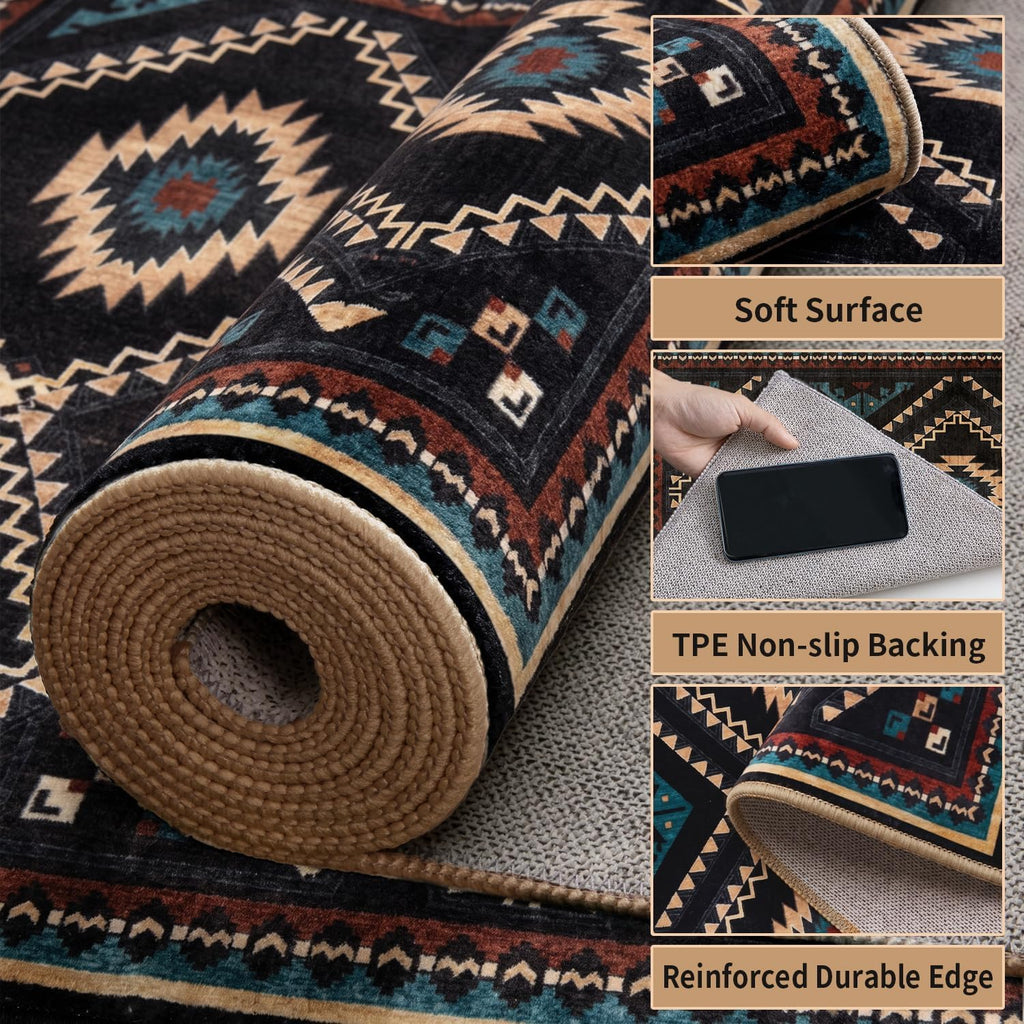 Western Rugs, Machine Washable Soft Non-Slip Aztec Area Rug, Low-Pile Southwest Non-Shedding Foldable Dining