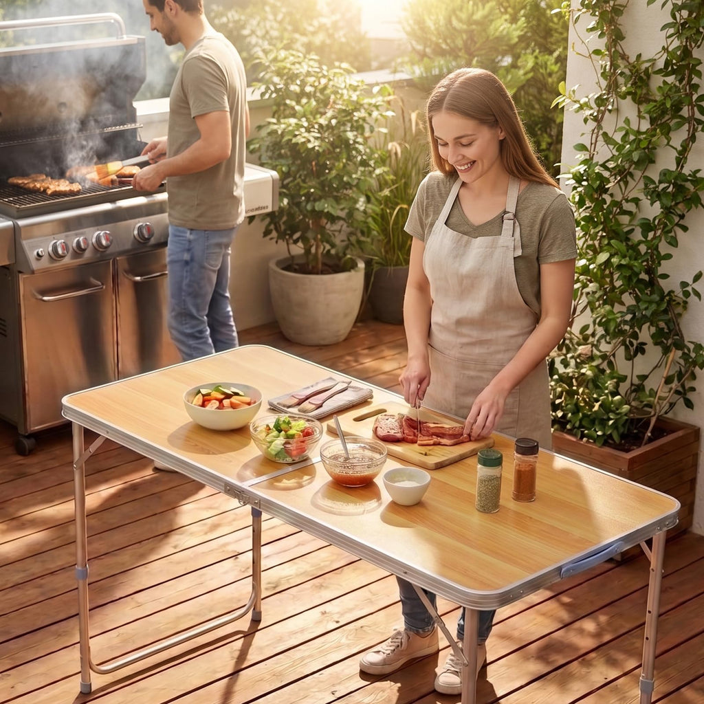 4FT White Folding Table with Carrying Handle Height Adjustable Lightweight Fold Up Portable for Indoor Outdoor