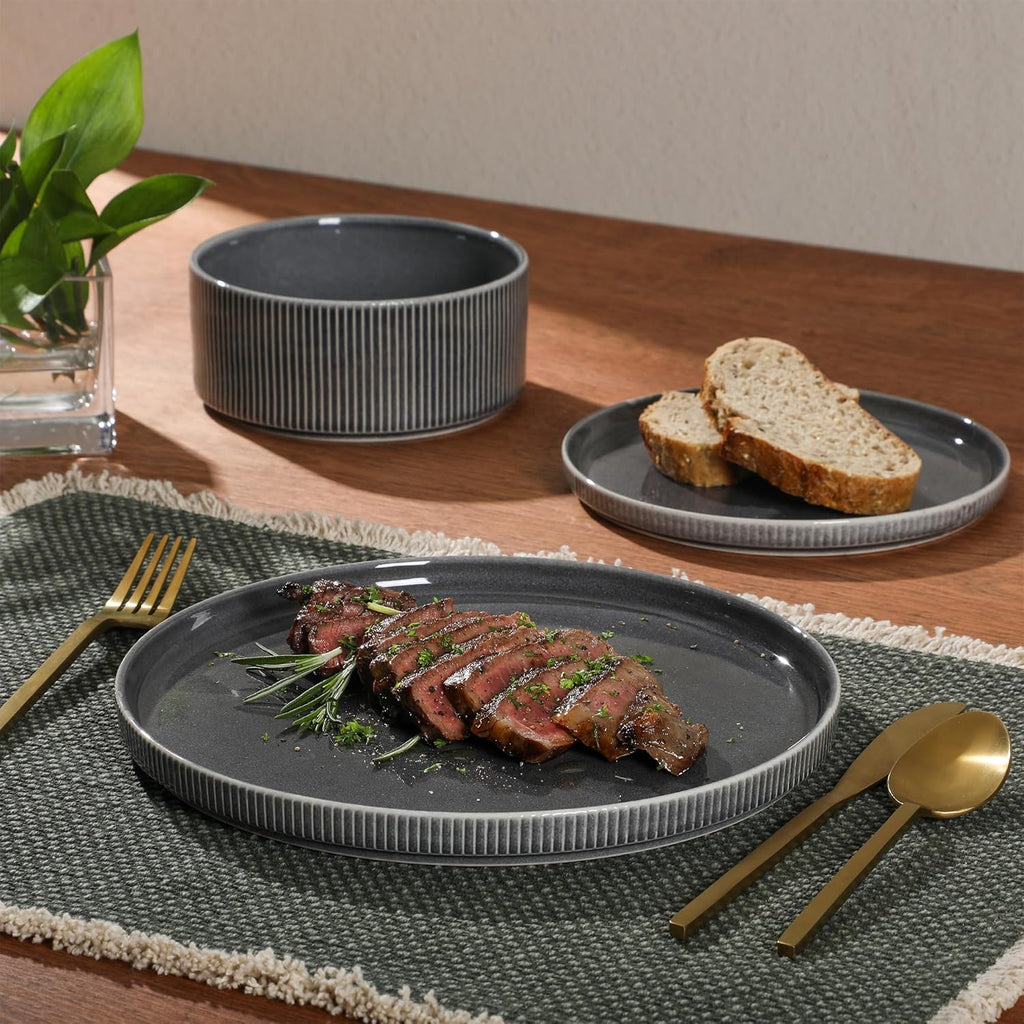 Solana Coast 12 Piece Stoneware Reactive Glaze (Service for 4) Ceramic Plates and Bowls Modern Shape Embossed