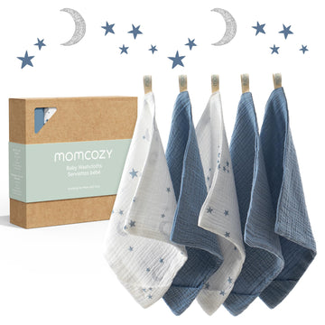 4-Layer Cotton Baby Washcloths, 5 Pack, Soft & Absorbent,Blue