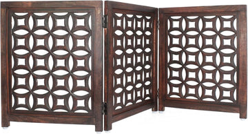 Wooden Foldable Pet Dog Gate - Hand Carved 3-Panel 60 W x 24 H