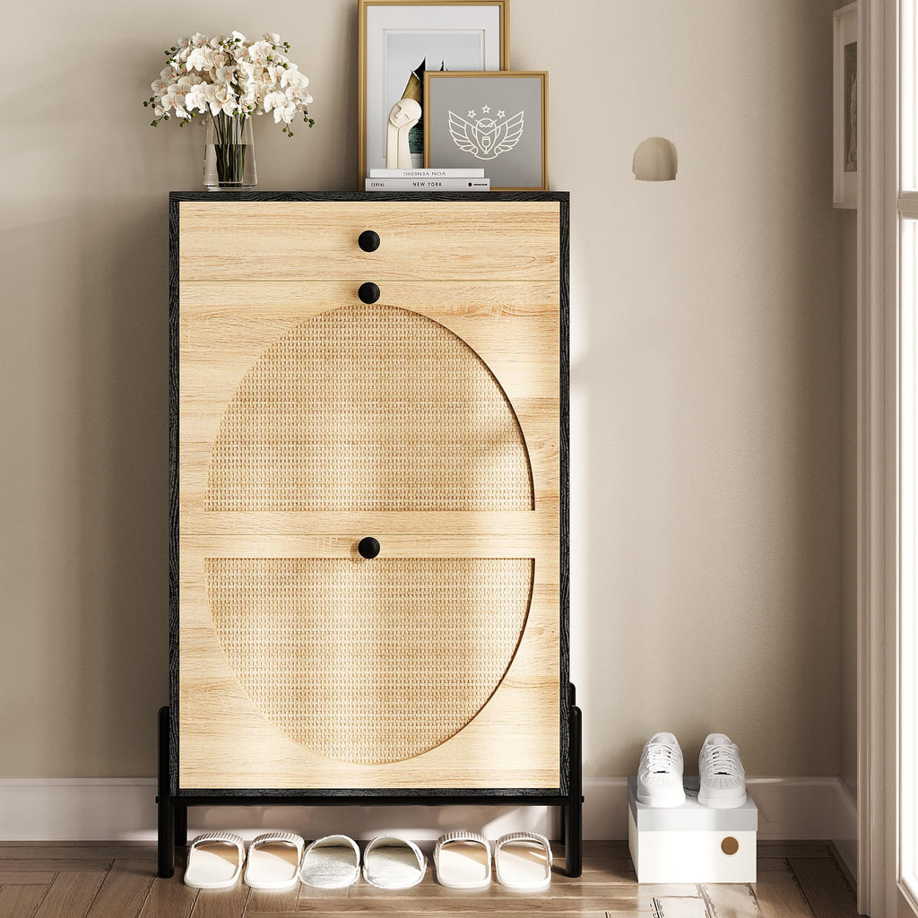 Shoe Cabinet with 2 Flip Drawers, Shoe Storage Cabinet, Free Standing Shoe Storage Organizer with Rattan Doors Slim