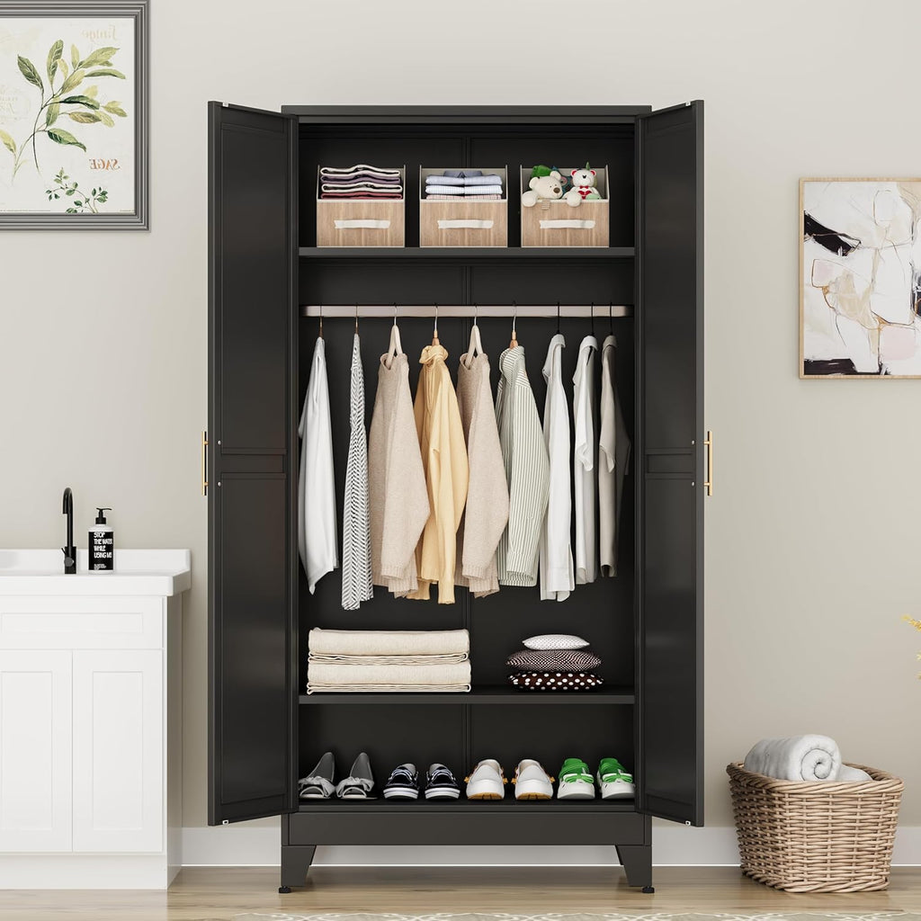 Metal Armoire Wardrobe Closet Storage Cabinet with Hanging Rod,71'' Metal Wardrobe Cabinet with 2 Doors and 2