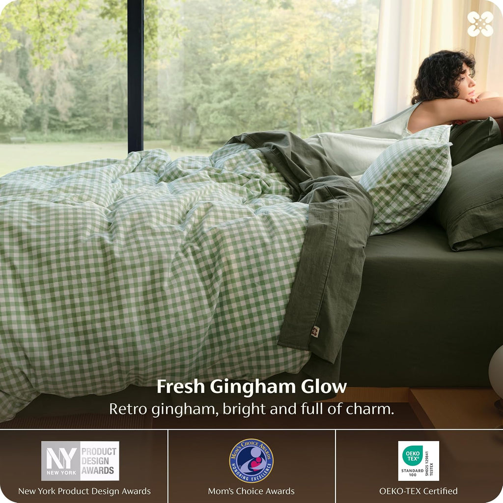 Gingham Duvet Cover Queen, 100% Washed Cotton Duvet Cover Linen‑Like, PureWoven with Reversible Yarn‑Dyed Design & Double‑Stitch Craft, 3-Piece with Zipper, Gingham Willow Green, 90"x90"