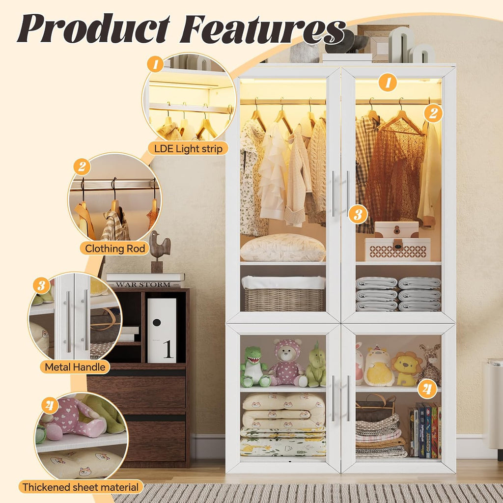 Armoire Wardrobe Closet with Glass Door, Bedroom Closet Wardrobe Cabinet with Hanging Rod, Lighted Freestanding