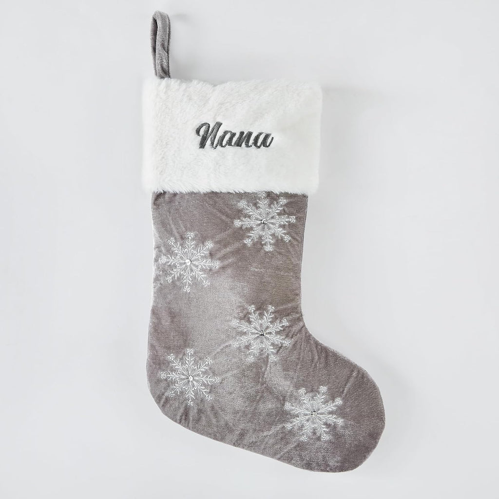 Gray & Silver Snowflake Stocking with Faux Fur Cuff (Free Customization), Luxury Christmas Stocking with Embroidered