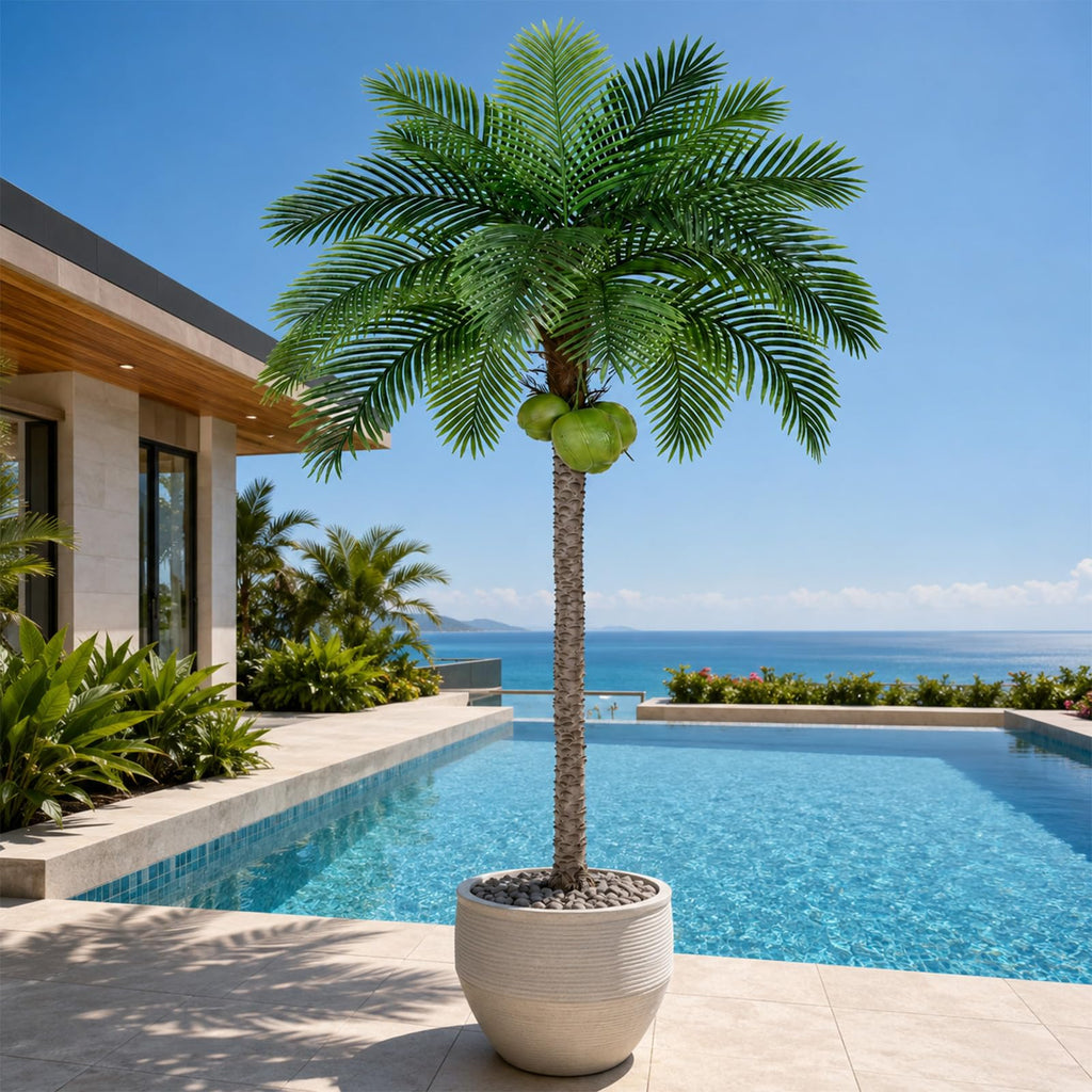 8ft Tall Artificial Phoenix Palm Tree with 3 Coconut Fruits, Large Fake Tropical Silk Tree Outside, Fake Tree Perfect
