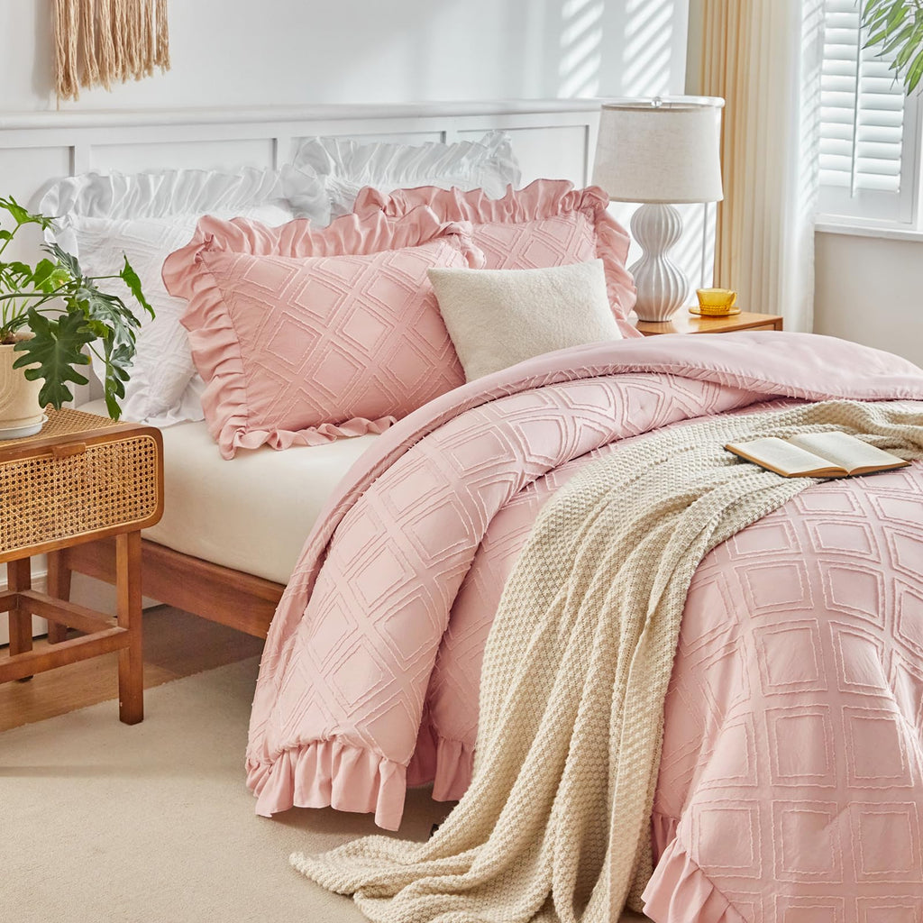 Tufted Ruffle Comforter Set Full/Queen Size, 3 Piece Blush Pink Ruffled Farmhouse Comforters, Luxury Solid Color Soft