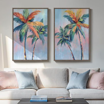 Framed Colorful Coastal Wall Art Decor, Large Tropical Beach Palm Tree Canvas Artwork for Walls, 2 Piece Pop
