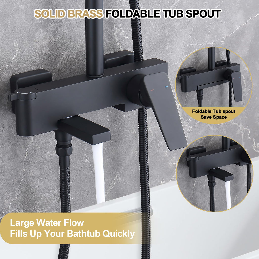 Shower Systems with 12 x8 Inches Rain Shower Head, Matte Black Exposed Pipe Shower System,3 Functions Tub Shower