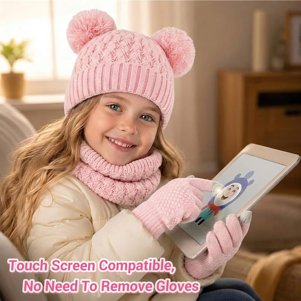 Kids Winter Hat Gloves Scarf Set, Unisex Children Beanie Hat with Pom
