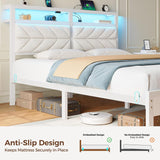 Bed Frame Full with Charging Station, LED Bed with Upholstered Storage Headboard