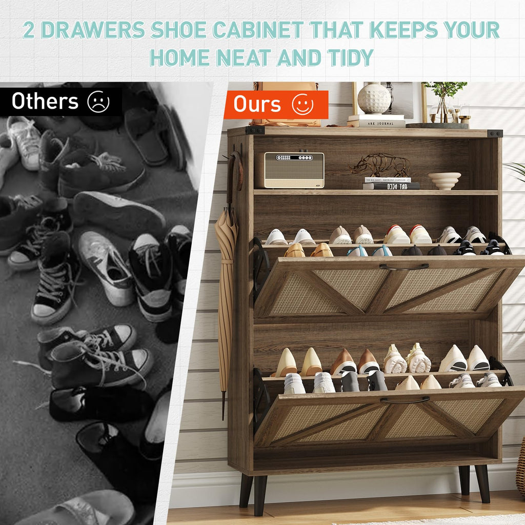 Shoe Storage Cabinet with 2 Flip Drawers, Freestanding Narrow Shoe Organizer with Open Storage, Hidden Slim Shoe Rack