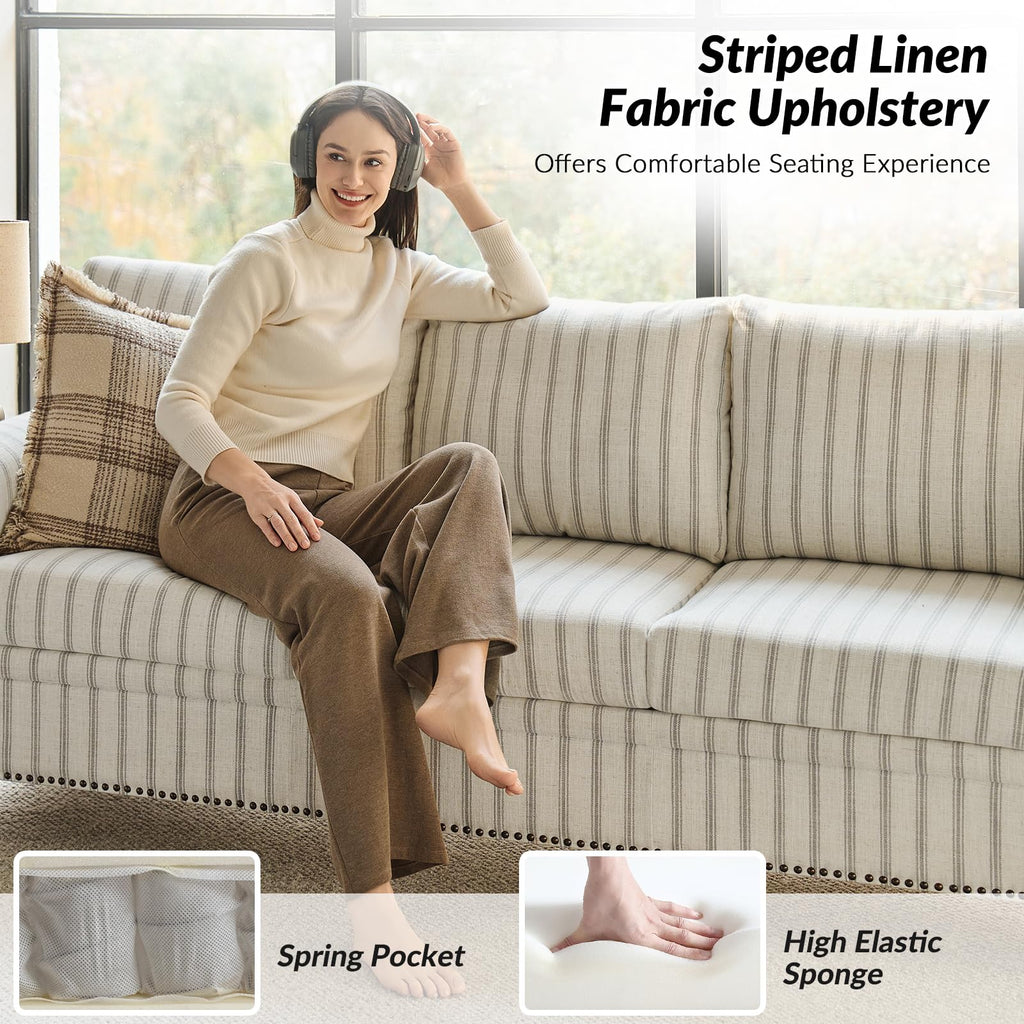 81" Farmhouse Couch with Stripe Pattern, 3 Seater Sofa with Solid Wood Legs and Rolled Wide Armrests, Comfy