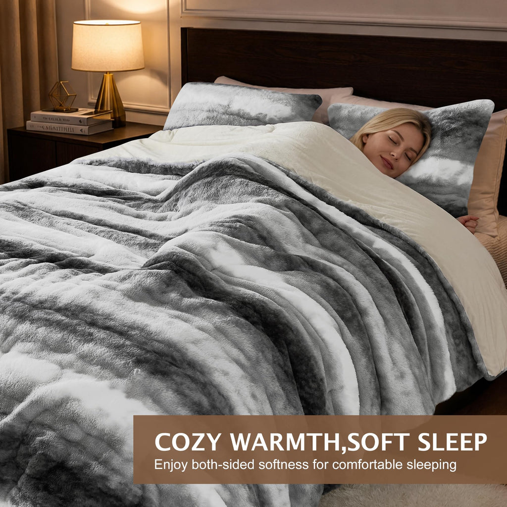 Fluffy Faux Fur Comforter Set, 2-Piece Plush Bedding, Grey
