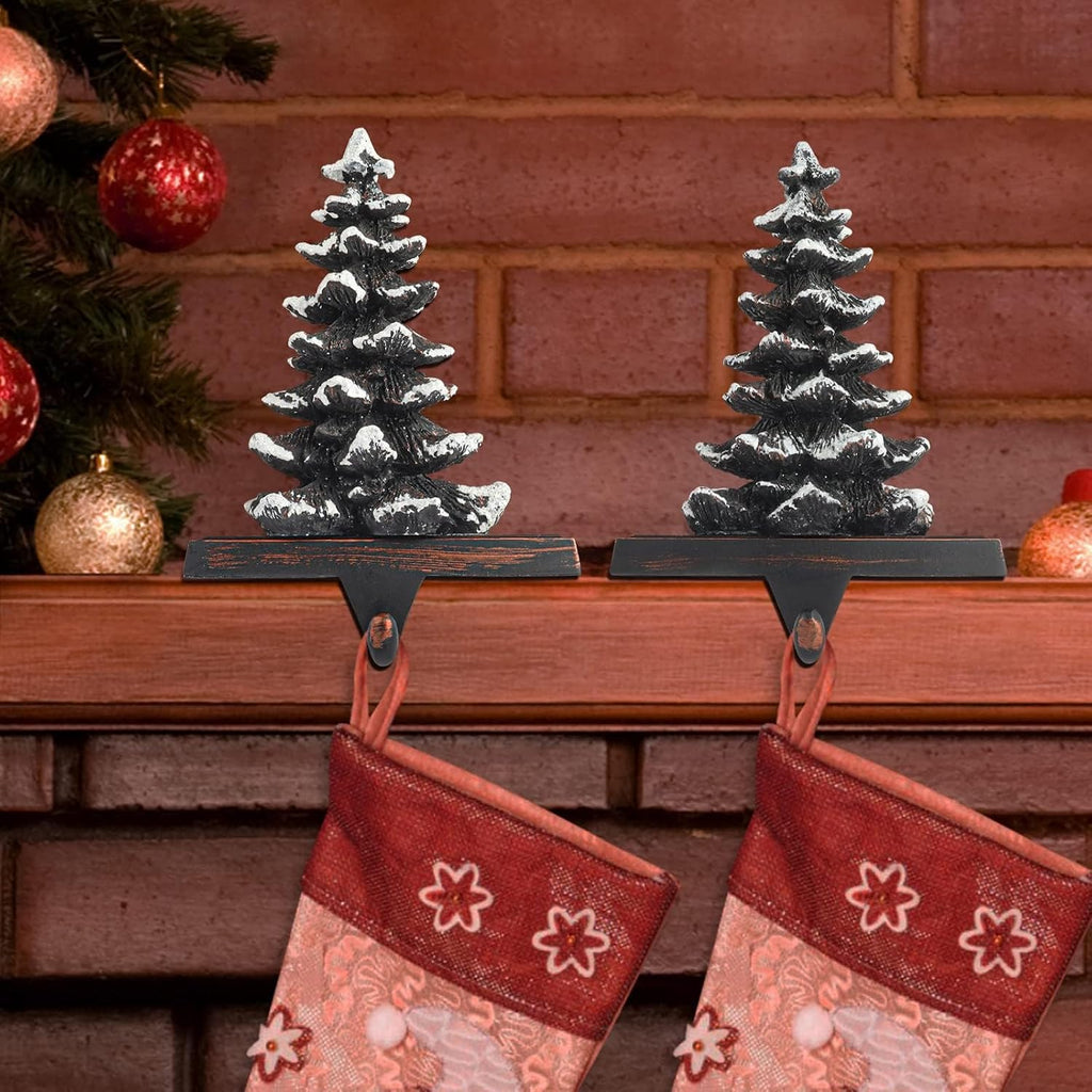 Christmas Stocking Holders for Mantle Set of 4 Snow Brown Vintage Xmas Tree with Non-Skid Stockings Holders for