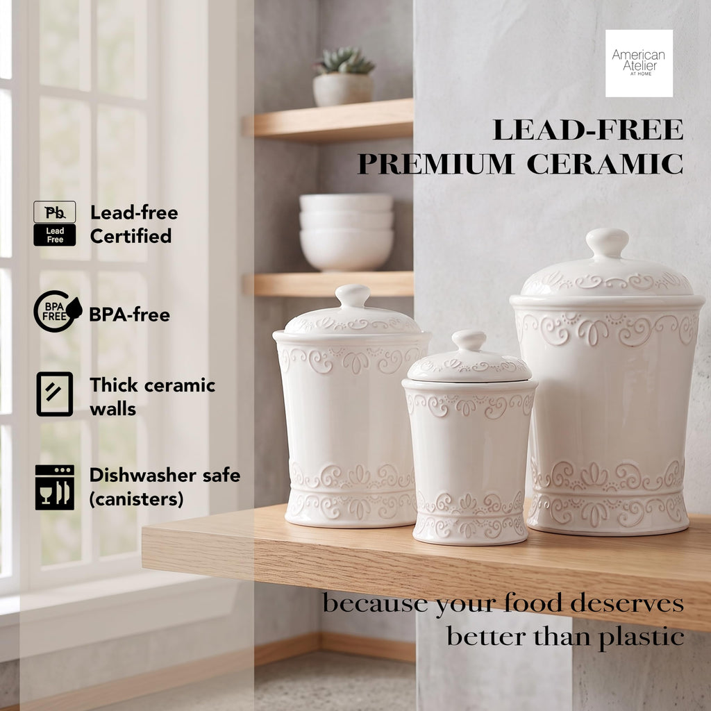 Ceramic Kitchen Canister Set Bianca Scroll White, 3 PC