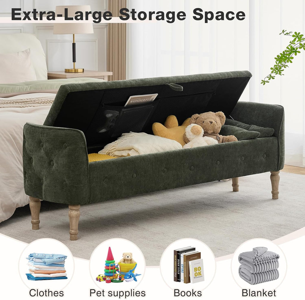 67"End of Bed Storage Bench King Size,Upholstered Bedroom Bench,Green | Linen Storage Bench End of Bed ,2 Cushion