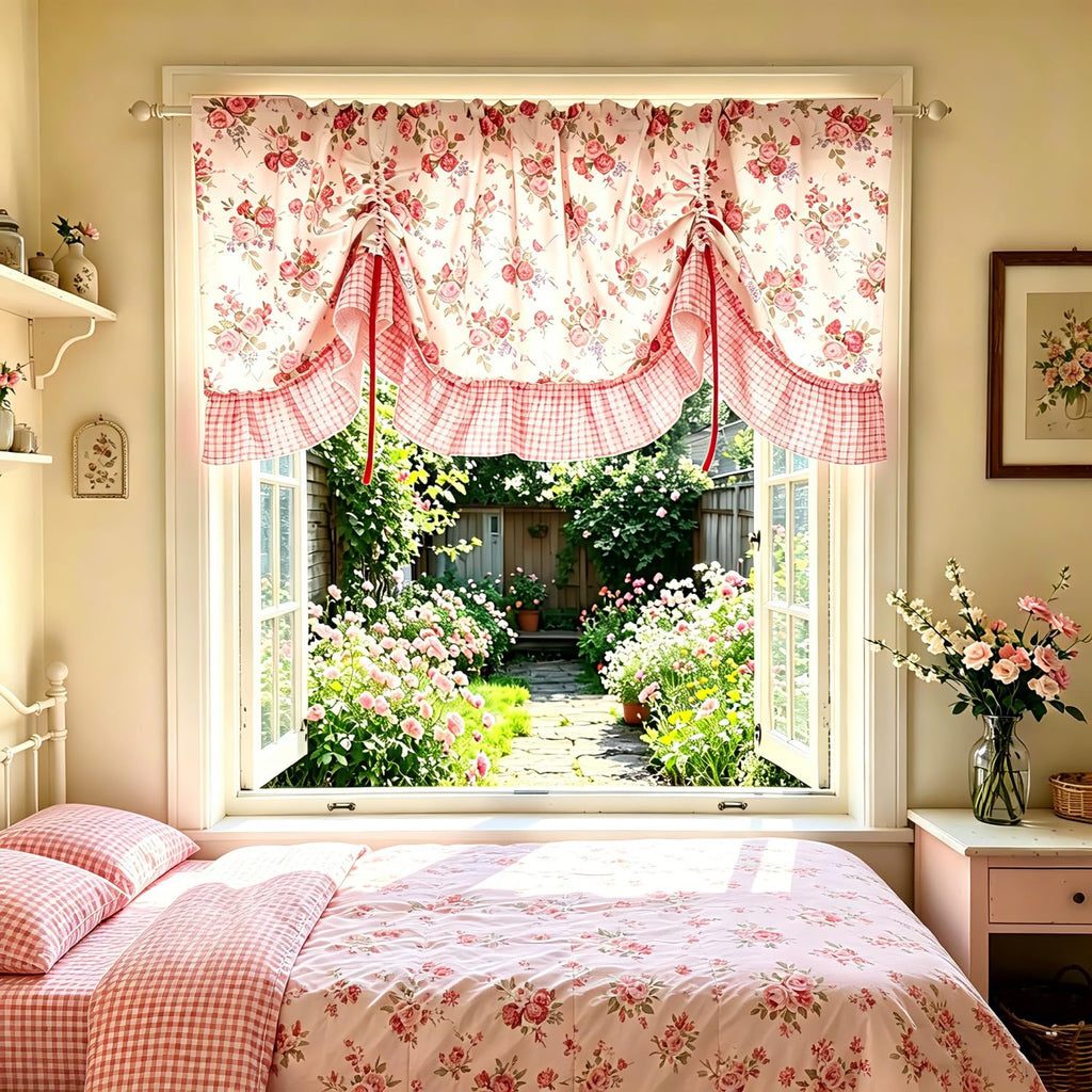Country Rose Floral Valance Curtain Tie Up Gingham Ruffled Swag Rod Pocket