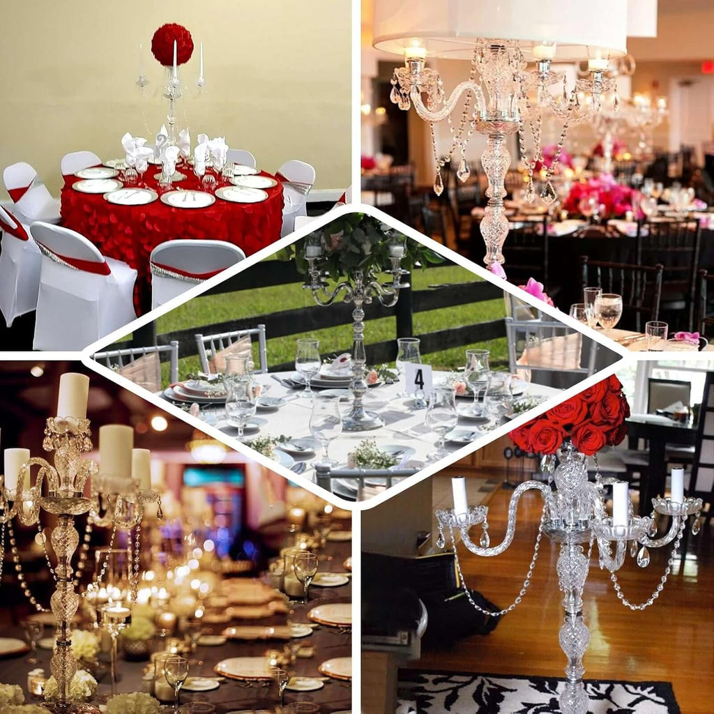 4-Arm Crystal Chandelier Candelabra 35" Silver - Metal Taper Candlestick Holder Table Centerpiece for Events