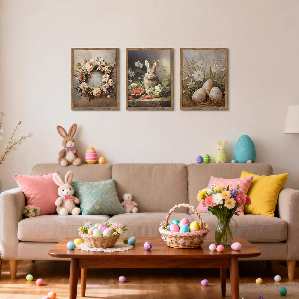 Vintage Easter Bunny Wall Art, Spring Easter Eggs Wreath Canvas Wall Decor Painting, Retro Rustic Farmhouse - Set of 3