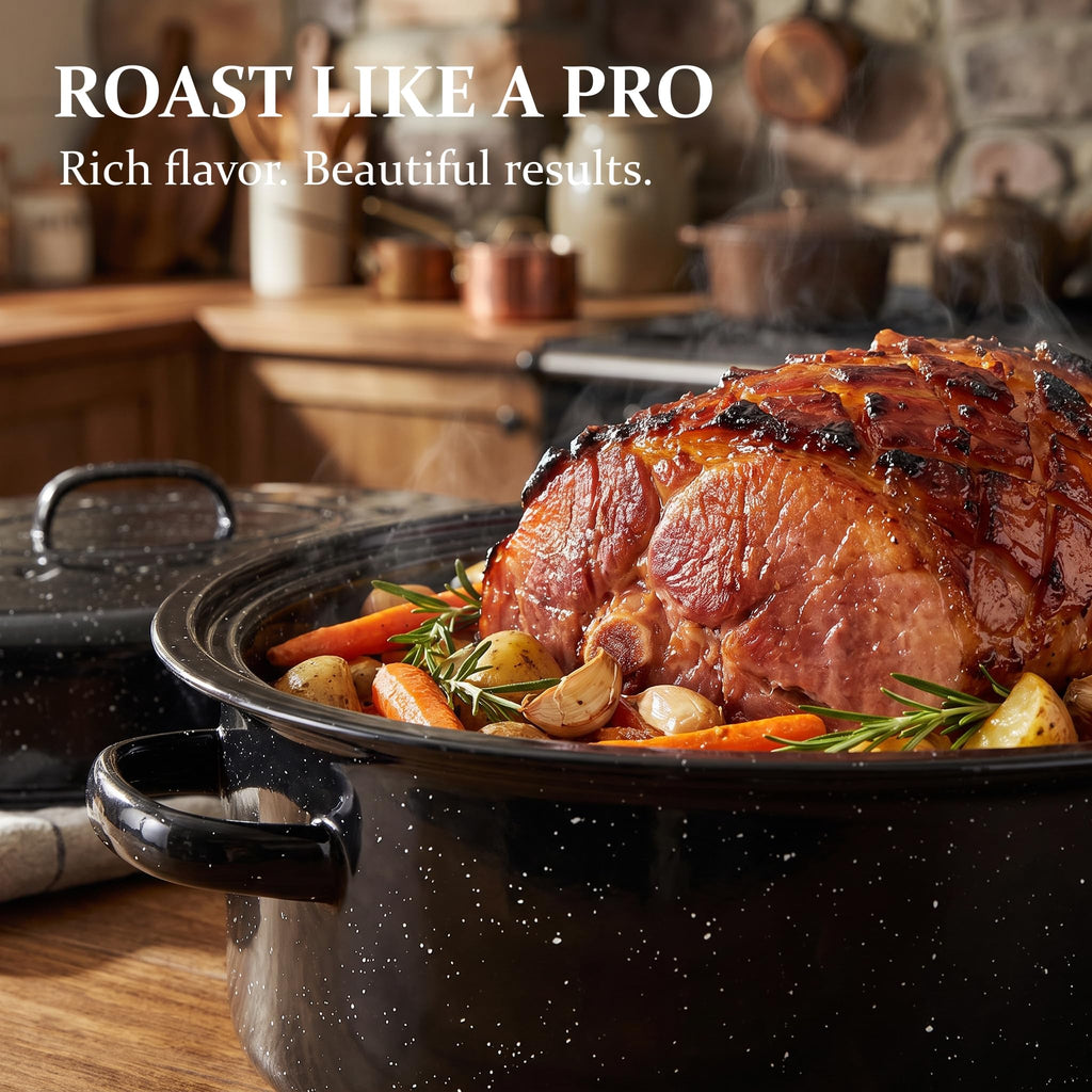Enamel Roasting Pan with Lid 18" Turkey Roaster Upgraded Ceramic Glaze for Easy Release, Bigger Family Size Capacity