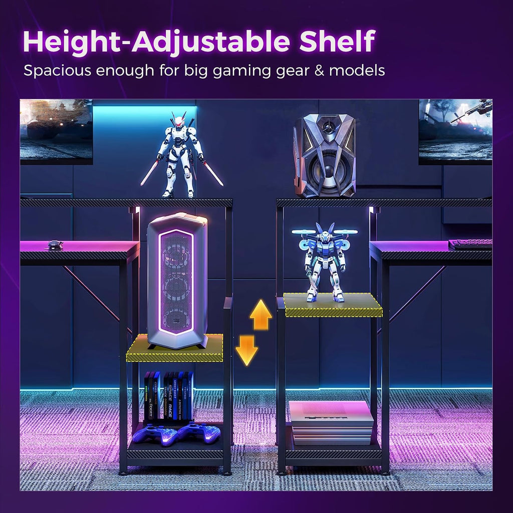 55 Inch Gaming Desk with LED Lights & CPU Stand, Carbon Fiber Black | Computer Desk with Storage Shelves, Reversible