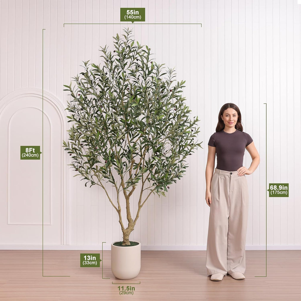 8ft Artificial Olive Tree, Natural Wood Trunk, 11.5in Planter