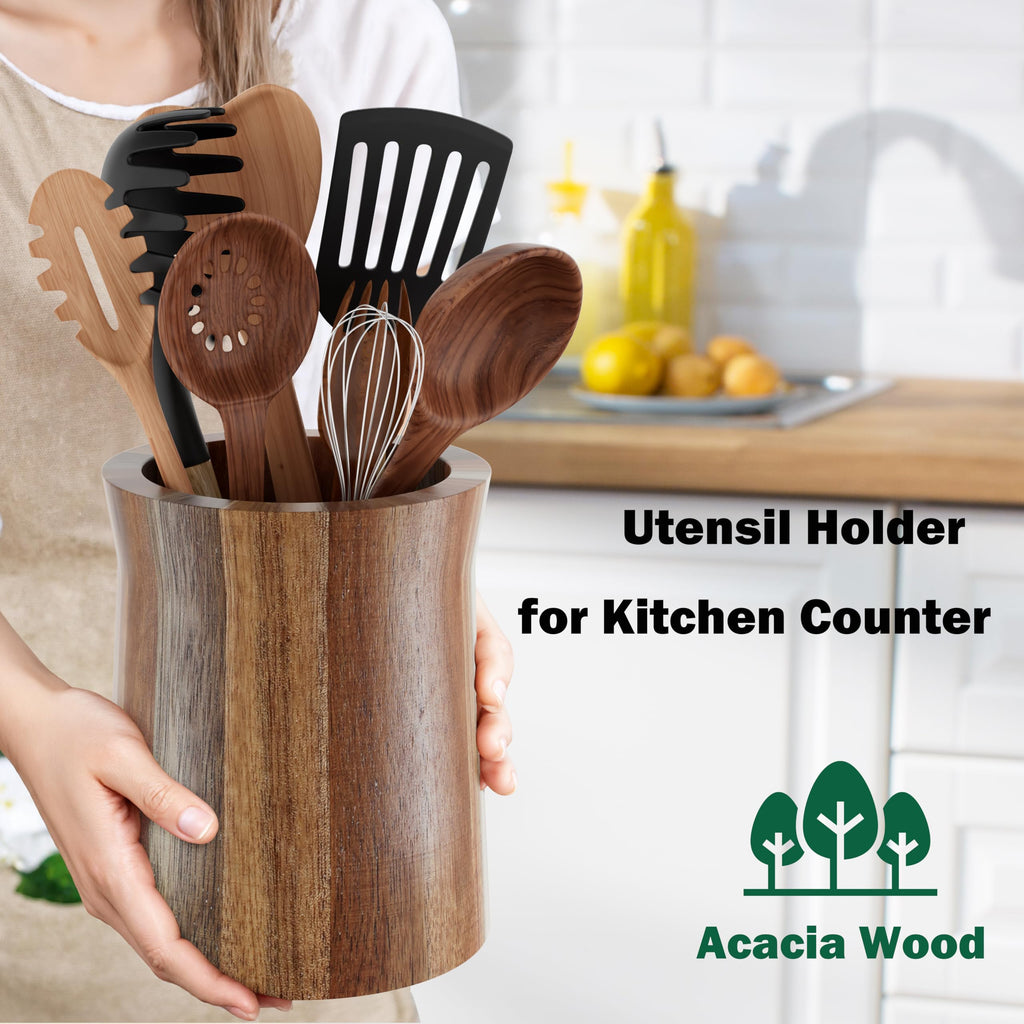 Utensil Holder, Acacia Wood Utensil Holder Counter, 360° Rotating Cooking Utensil Crocks for Countertop, 7.2" Large