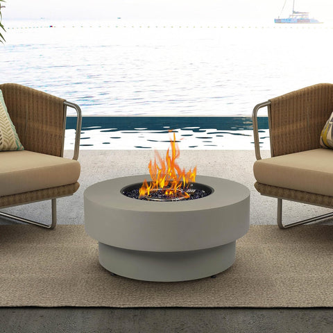 Propane Outdoor Fire Pit Table, Flint & Concrete Look 32-inch Round Patio Propane Fire Table 50,000 BTU w/Lid, Glass Rocks, Cover, Pre-Attached 10ft
