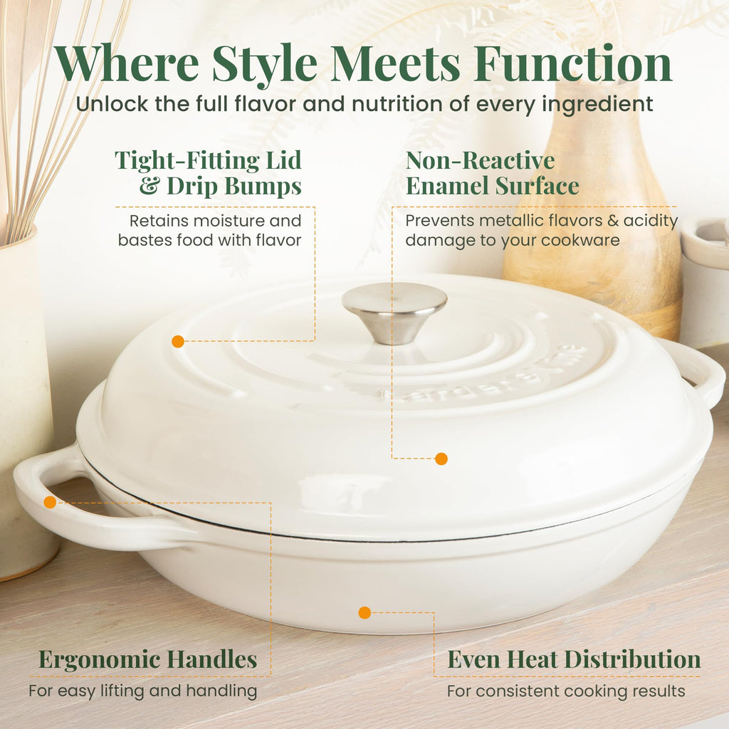 Enameled Cast Iron Braiser | 3.6 qt Braiser Pan with Lid | Shallow Dutch Oven Compatible on All Cooktops | Casserole