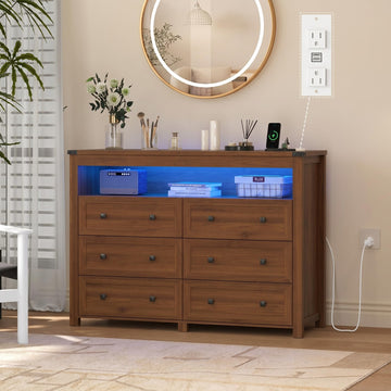 Dresser 6 Drawer Dressers with LED Lights, Charging Station, Wood Chest of Drawers with Metal Handles, Modern TV