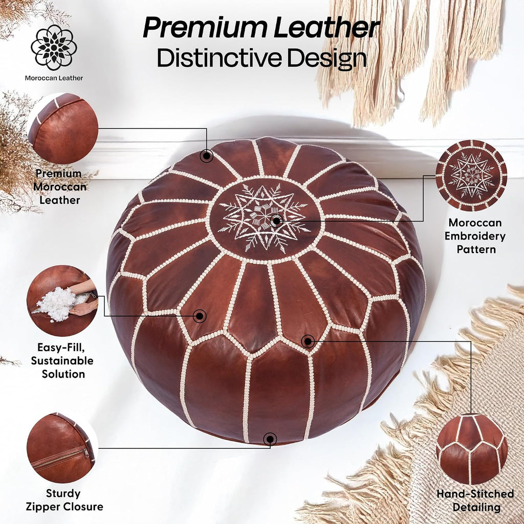 Pouf Ottoman Cover, Unstuffed Foot Stool, Round Boho Footrest Decor Gift (Dark Brown)