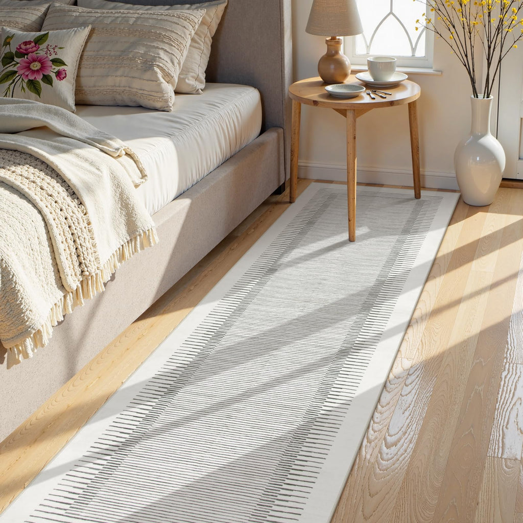 Modern White 2.5x8 Hallway Runner Rug, Berber Striped Kitchen Rugs Non Slip Washable Runner Rug, Soft Low Pile Indoor