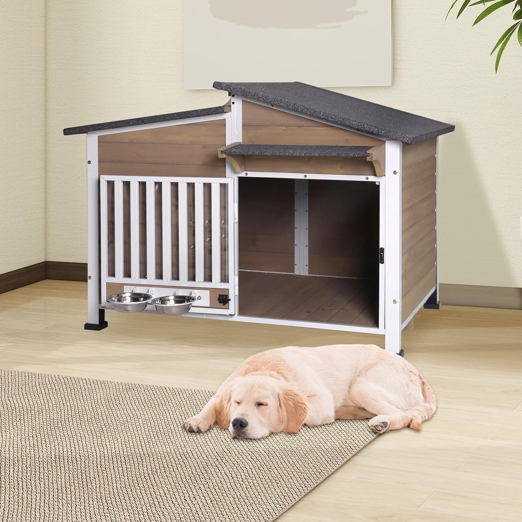 Outside Chew-Resistant Dog House with Metal Frame, Indoor/Outdoor Wooden Dog House with Waterproof Roof and Food