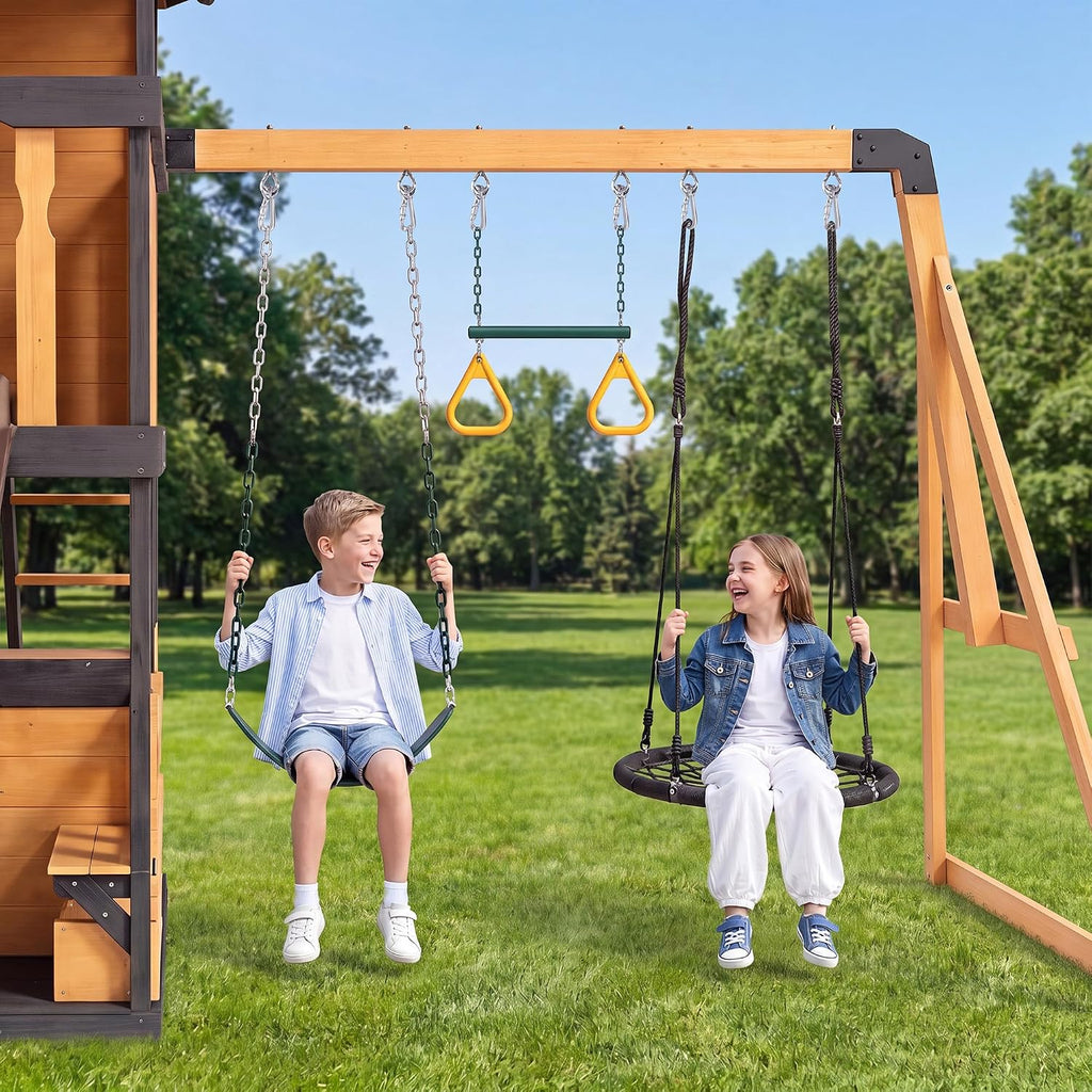Wooden Swing Sets Playground with Slide Outdoor Playset All in One Whi