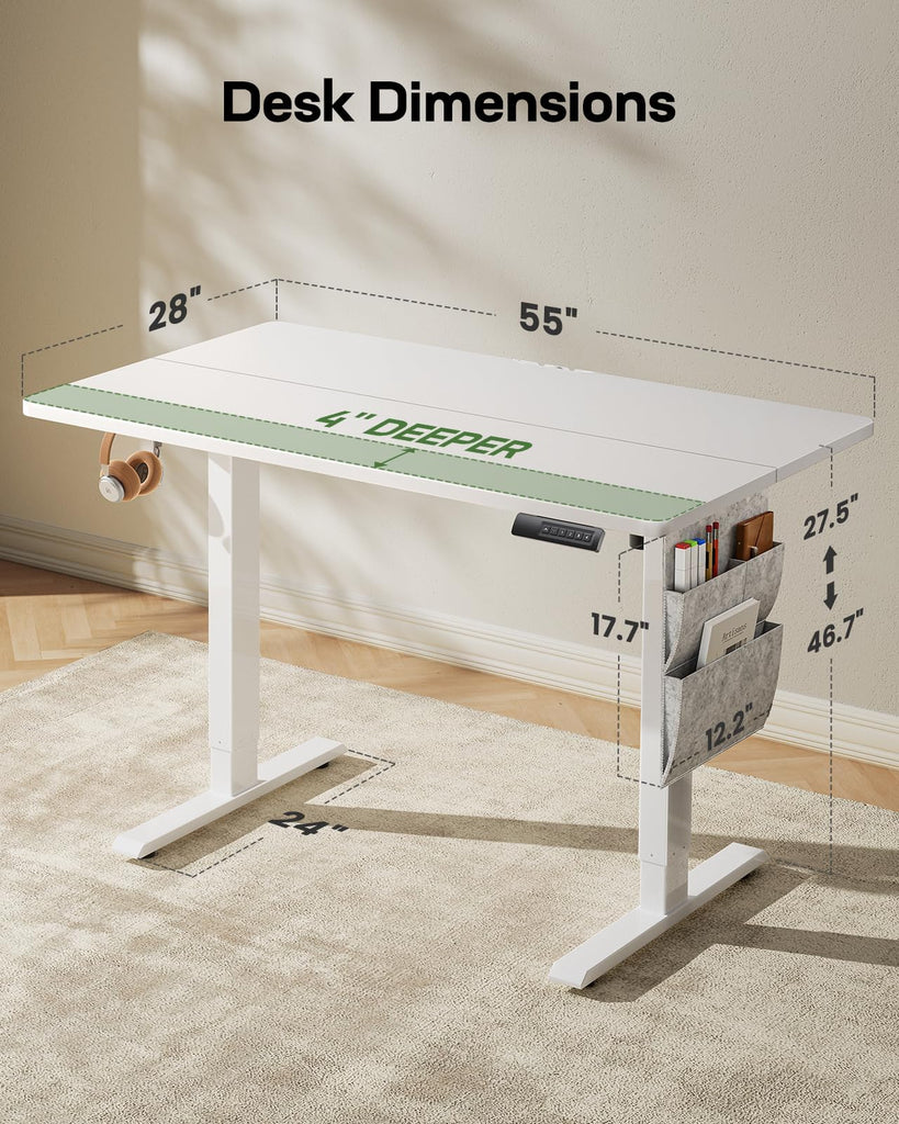 55x28 Electric Standing Desk - Adjustable Height Computer Desk with Memory Presets, Storage Bag & Cable Management &