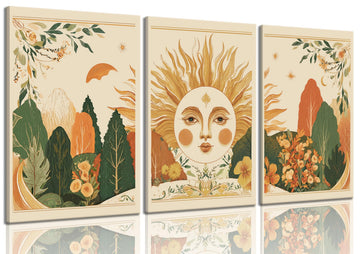 3Pcs Boho Sun Forest Canvas Wall Art, Boho Mountain Wall Decor
