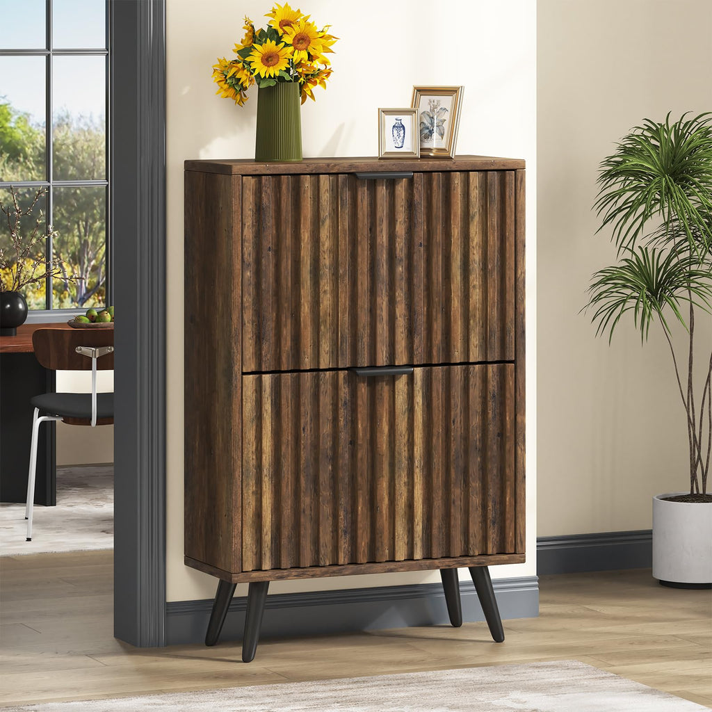 Slim Wood Shoe Cabinet with Flip Drawers, Modern Narrow Entryway Shoe Storage Organizer, Fluted 23.6" Shoe Cabinet