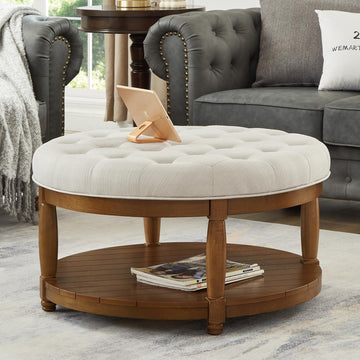 Large Round Upholstered Tufted Linen Ottoman Coffee Table with Solid Wood Frame and Open Storage Shelf, Upholstered