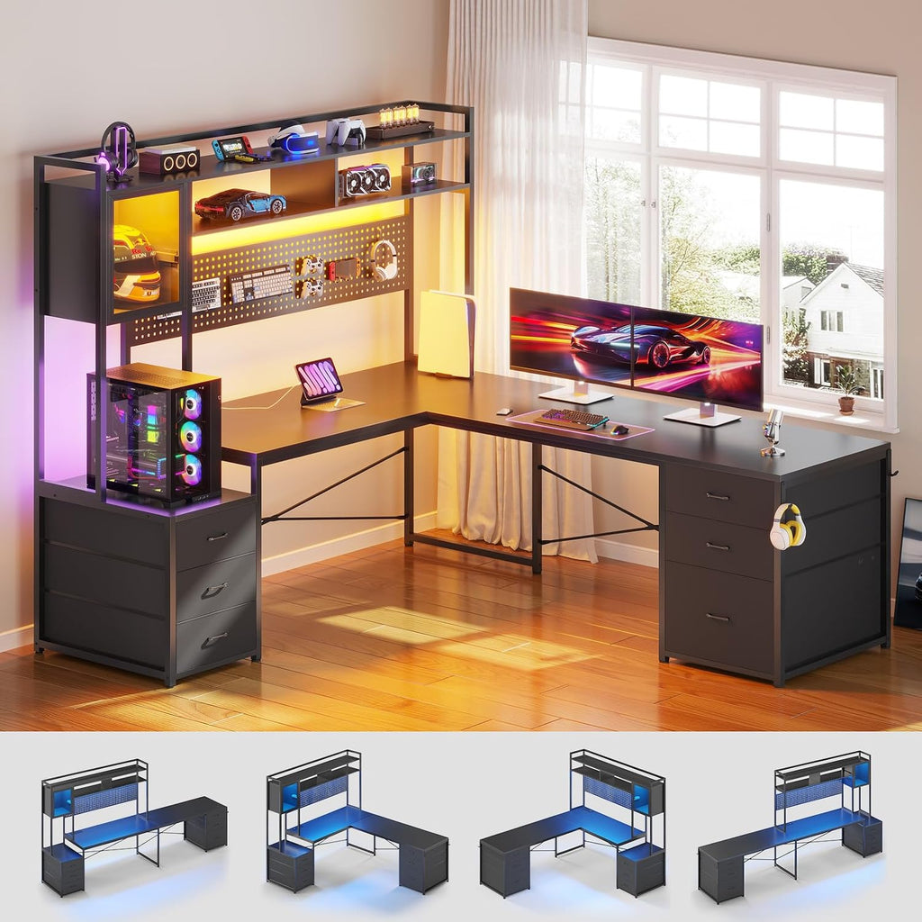 Reversible L Shaped Gaming Desk with 6 Drawers, Hutch, Led Lights | Computer Corner Desk with File Drawer, Storage