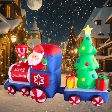 7FT Inflatable Train with Santa and Tree Outdoor Decoration, Christmas Blow Up Yard Decorations, Built-in LED Lights