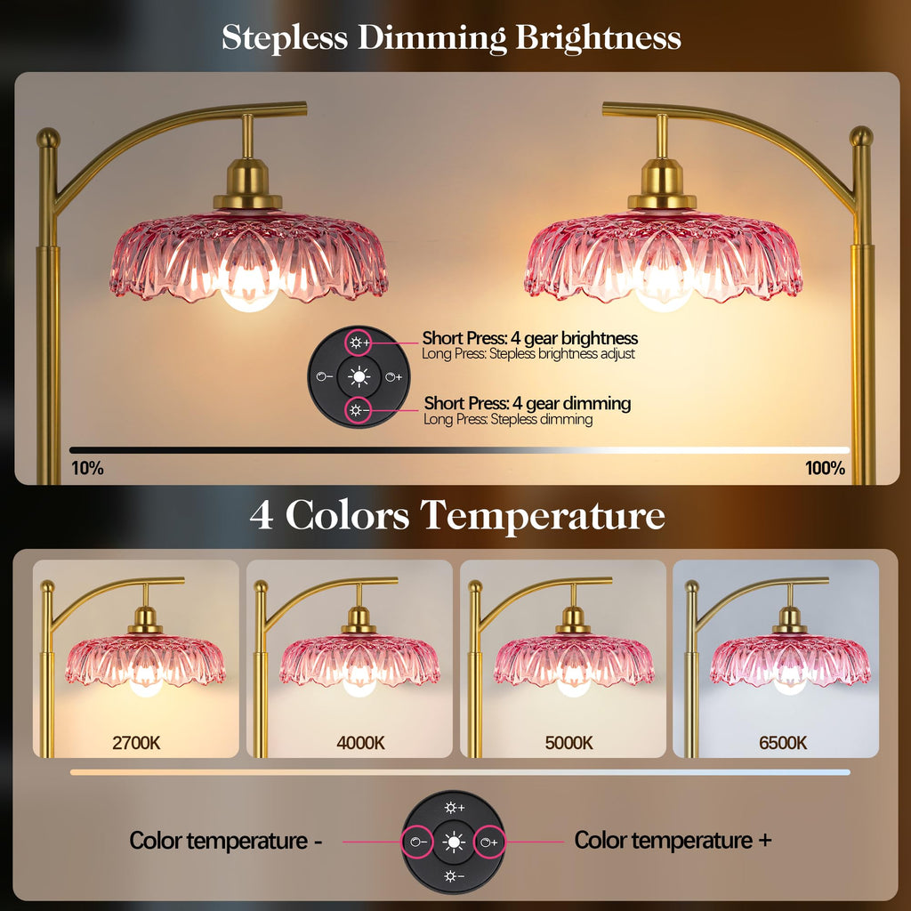 Gold Floor Lamp, Dimmable Mid Century Modern Standing Lamp with Remote Control and Pink Glass Shade, 68" Tall Lamp