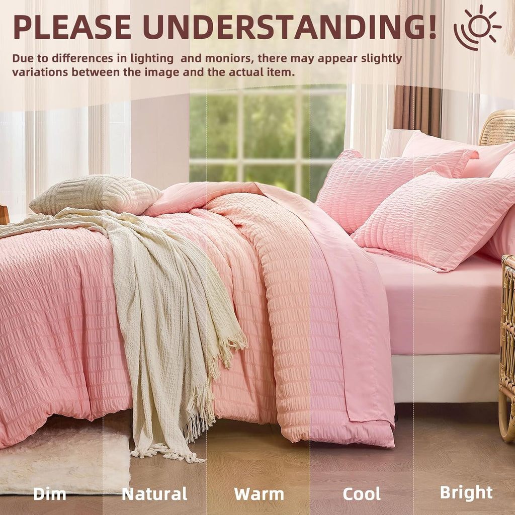 Pink Queen Comforter Set 7 Pieces, Luxury Seersucker Queen Bed Set for All Seasons