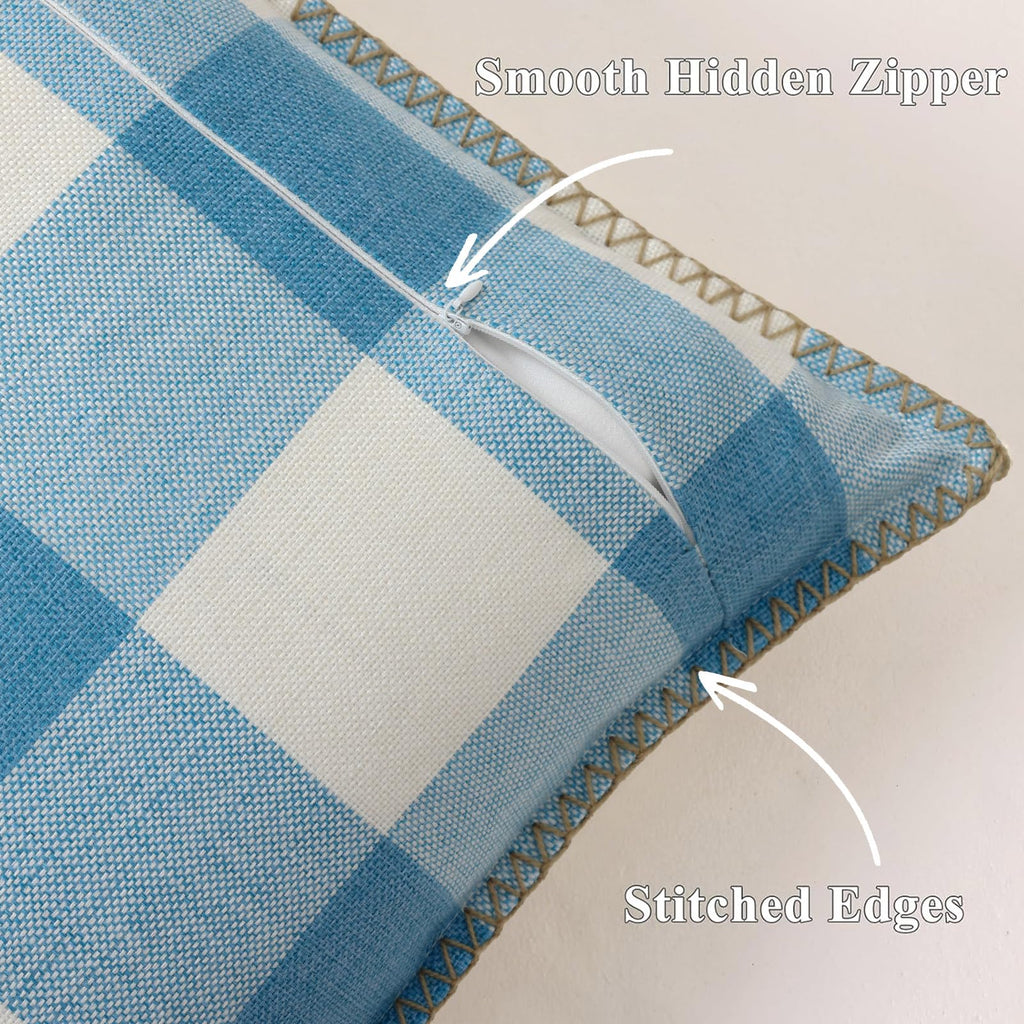 Fall Plaid Linen Throw Pillow Covers 22x22 Set of 2 Sky Blue