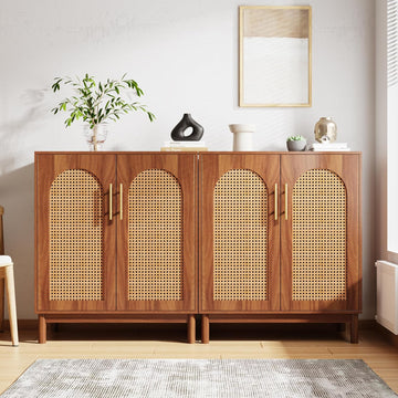 Set of 2 Rattan Sideboard Buffet with Storage, 59 Inch Accent Cabinet with Doors, Storage Cabinet , Caramel Brown