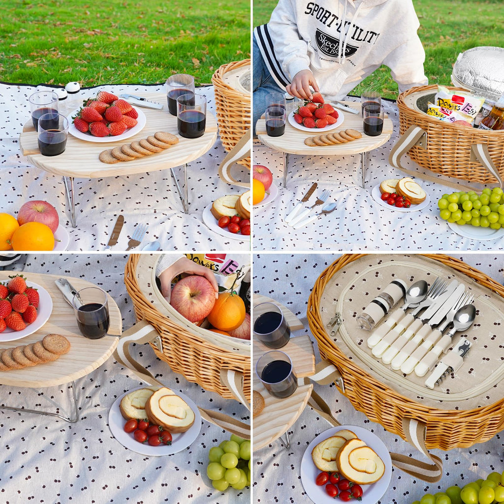 Wicker Picnic Baskets Set for 4 with Wine Table for Family, Beige