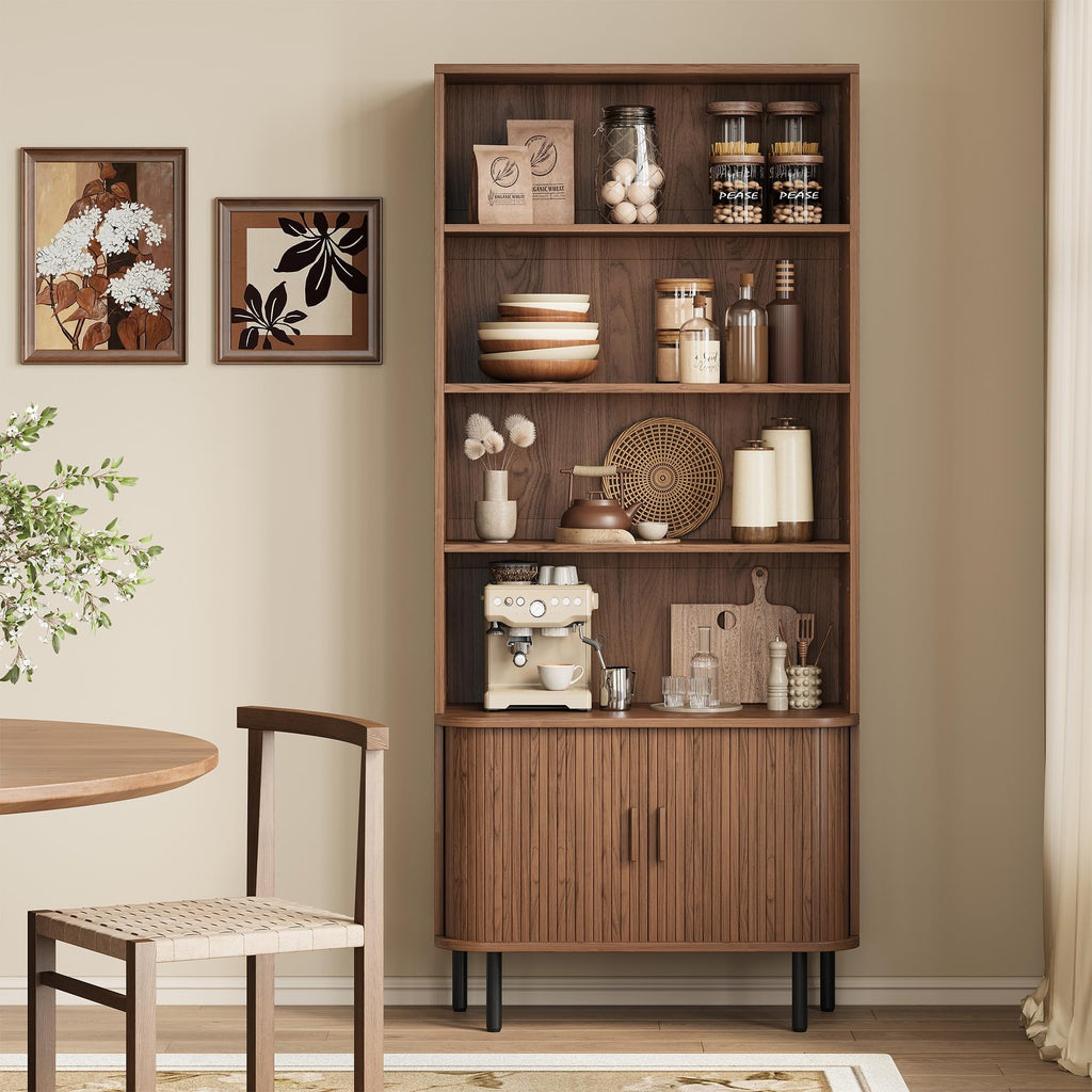 71" Tall Bookshelf with Cabinet, 5 Tier Fluted Bookcase Walnut