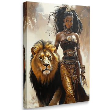 Regal Woman with Lion Canvas Wall Art Framed Vintage Home Decor 16x24 Inch