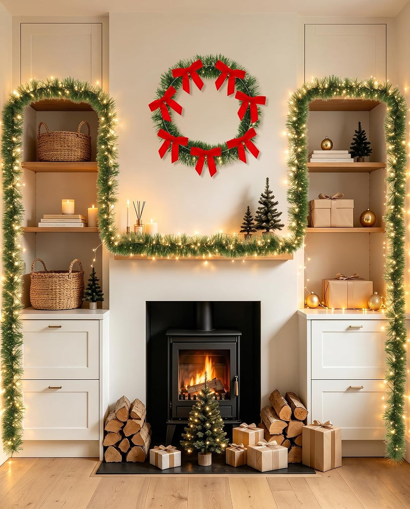 49 FT Christmas Pine Garland, 6.5 FT Velvet Red Bow Garland